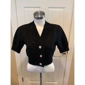 Bishop + Young Black Pacific Emerson Cropped Cardigan W/ Bejeweled Buttons Sz XS